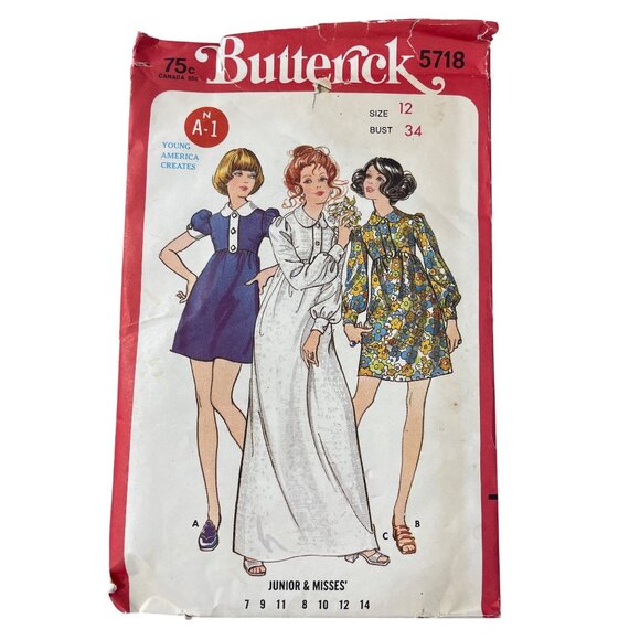 60s Butterick 5718 Sewing Pattern Size 12 Junior One Piece Dress Vintage CUT - Picture 1 of 6